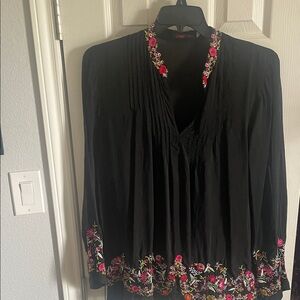 Johnny Was Black Top with Multicolor Floral Embroidery